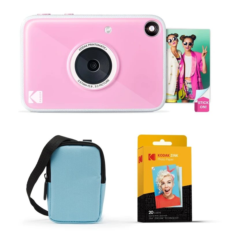 KODAK Printomatic+ Instant Print Digital Camera Starter Bundle + Carrying Case (Blue) + Zink 20pk Sticky-Back Photo Paper - 10MP, Full-Color Photos, GB LED Status Indicator - Pink