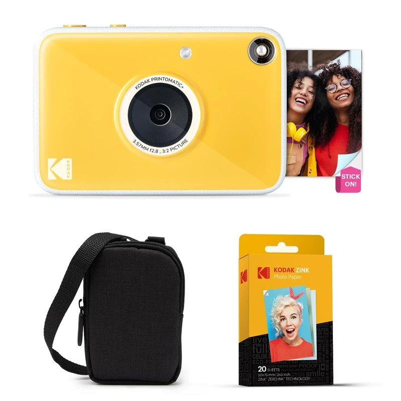 KODAK Printomatic+ Instant Print Digital Camera Starter Bundle + Carrying Case + Zink 20pk Sticky-Back Photo Paper - 10MP, Full-Color Photos, GB LED Status Indicator - Yellow