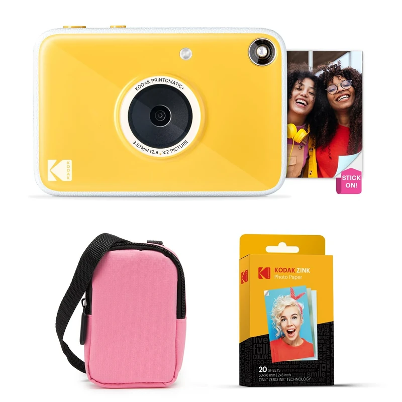 KODAK Printomatic+ Instant Print Digital Camera Starter Bundle + Carrying Case (Pink) + Zink 20pk Sticky-Back Photo Paper - 10MP, Full-Color Photos, GB LED Status Indicator - Yellow