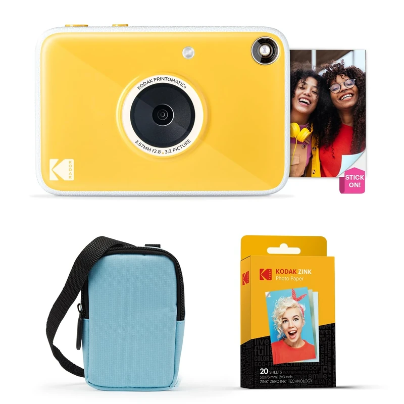 KODAK Printomatic+ Instant Print Digital Camera Starter Bundle + Carrying Case (Blue) + Zink 20pk Sticky-Back Photo Paper - 10MP, Full-Color Photos, GB LED Status Indicator - Yellow