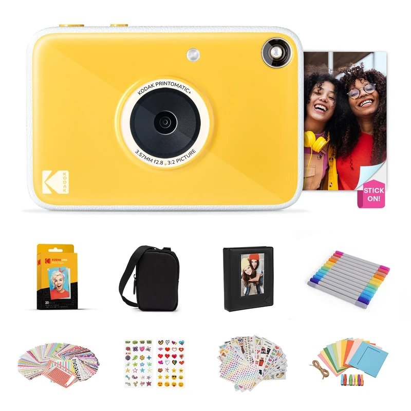 KODAK Printomatic+ Full Color Instant Print Digital Camera Gift Bundle + Case + Zink 2x3" Sticky Back Photo Paper 20pk + Album + Sticker Sets + Sticker Frames + Hanging Frames + Markers - Yewllow