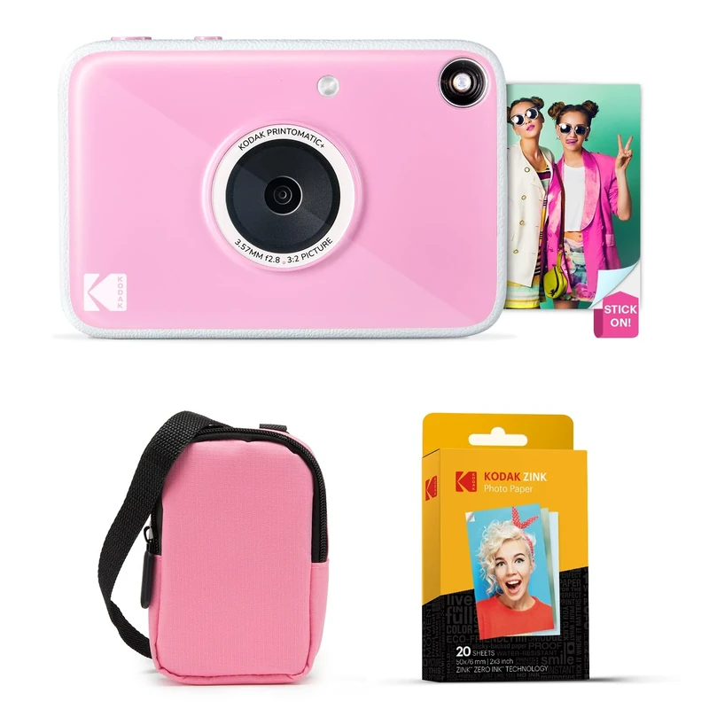 KODAK Printomatic+ Instant Print Digital Camera Starter Bundle + Carrying Case (Pink) + Zink 20pk Sticky-Back Photo Paper - 10MP, Full-Color Photos, GB LED Status Indicator - Pink