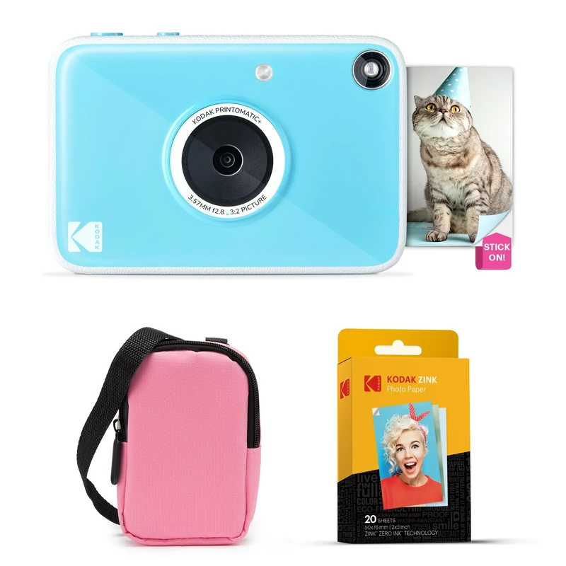 KODAK Printomatic+ Instant Print Digital Camera Starter Bundle + Carrying Case (Pink) + Zink 20pk Sticky-Back Photo Paper - 10MP, Full-Color Photos, GB LED Status Indicator - Blue