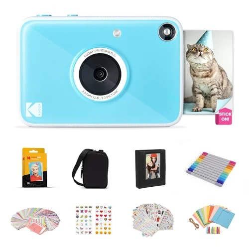 KODAK Printomatic+ Full Color Instant Print Digital Camera Gift Bundle + Case + Zink 2x3" Sticky Back Photo Paper 20pk + Album + Sticker Sets + Sticker Frames + Hanging Frames + Markers - Blue