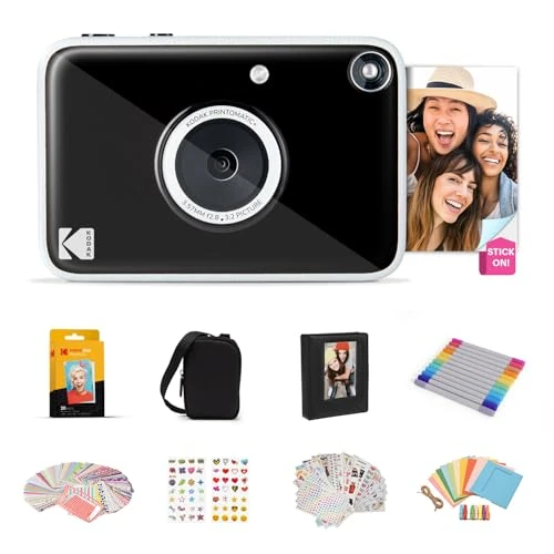 KODAK Printomatic+ Full Color Instant Print Digital Camera Gift Bundle + Case + Zink 2x3" Sticky Back Photo Paper 20pk + Album + Sticker Sets + Sticker Frames + Hanging Frames + Markers Black