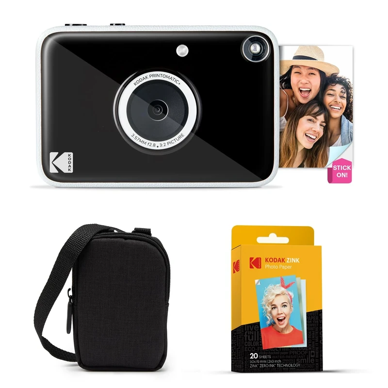 KODAK Printomatic+ Instant Print Digital Camera Starter Bundle + Carrying Case + Zink 20pk Sticky-Back Photo Paper - 10MP, Full-Color Photos, GB LED Status Indicator - Black