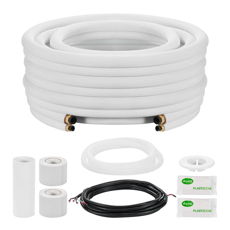 VEVOR 15.2m Mini Split Line Set, 6.4 & 12.7mm OD AC Copper Tubing Pipe, 3/8 White PE Thickened Insulated Coil with Flared Nuts, Rich Fittings, for Mini Split Air Conditioner HVAC or Heat Pump System