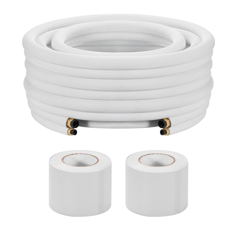 VEVOR 30.5m Mini Split Line Set, 9.5 & 15.9mm OD AC Copper Tubing Pipe, 3/8 White PE Thickened Insulated Coil with Flared Nuts, Strapping Tapes, for Mini Split Air Conditioner HVAC or Heat Pump System