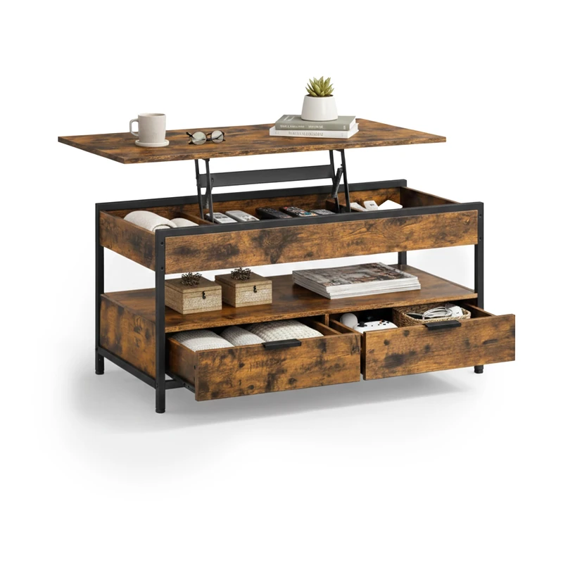 Relaxdays coffee table, lift-top, 2 drawers, 4 compartments, HWD 48–63 x 100 x 40 cm, industrial style, brown/black - Image 1