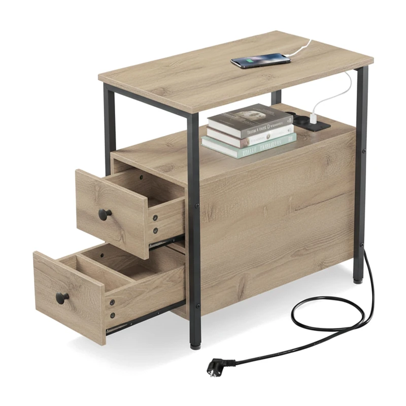 Relaxdays side table with sockets, USB ports, 2 drawers, HxWxD: 61 x 35 x 60 cm, nightstand, natural/black, Fibreboard, Iron