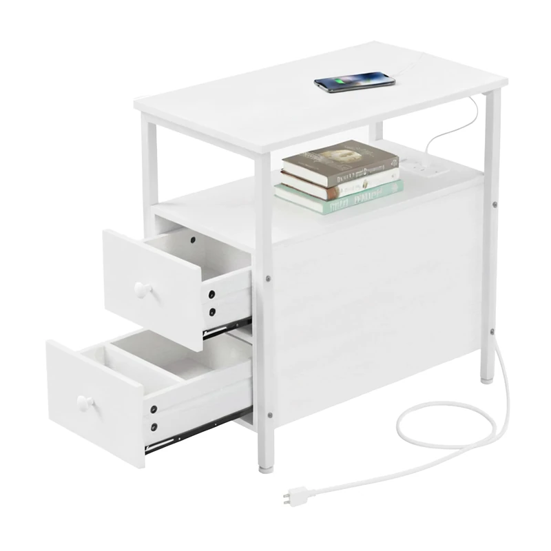 Relaxdays side table with sockets, USB ports, 2 drawers, HxWxD: 61 x 35 x 60 cm, modern nightstand, white, Fibreboard, Iron