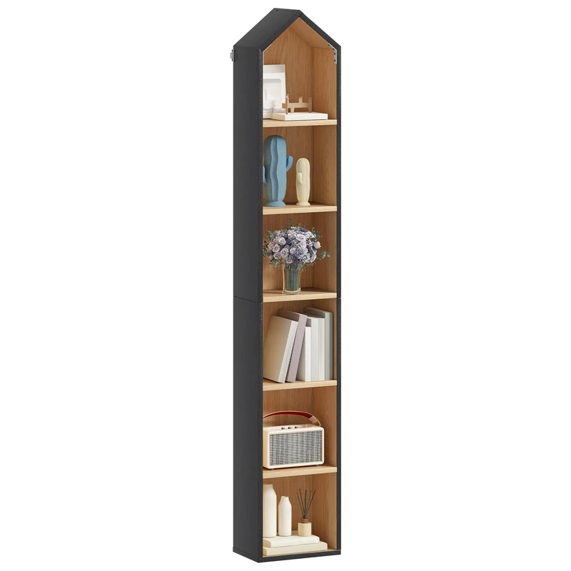 YITAHOME Tall Narrow Bookcase, l House Shaped Thin Corner 6-Tier Free Standing Bookshelf, Space-Saving Design Display Storage for Home & Office, Black & Oak, 30W × 23.5D × 181H CM