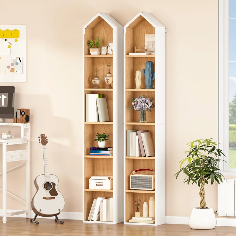 YITAHOME Tall Narrow Bookcase, l House Shaped Thin Corner 6-Tier Free Standing Bookshelf, Space-Saving Design Display Storage for Home & Office, White & Oak, 30W × 23.5D × 181H CM 2PCS