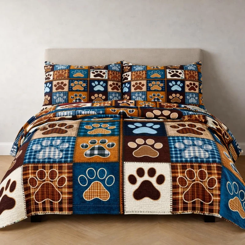 WHWODIDE Dog Paw Patchwork Quilt Set King 3 Pcs Brown Navy Blue Bedspread Comforter Soft Lightweight Microfiber Bedding Set with 2 Pillow Shams for All Season (Dog Paw, King)