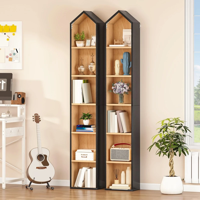 YITAHOME Tall Narrow Bookcase, l House Shaped Thin Corner 6-Tier Free Standing Bookshelf, Space-Saving Design Display Storage for Home & Office, Black & Oak, 30W × 23.5D × 181H CM 2PCS