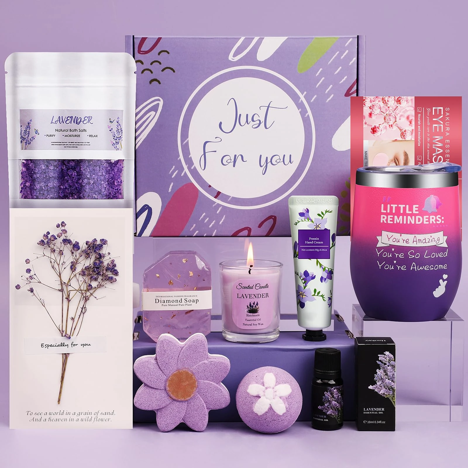 Pamper Gifts Sets for Women, Unique Present for her, Relaxation Spa Bath Set, Self Care Package for Her ,Wellbeing Get Well Soon Gifts for Women, Luxury Gifts Set (Purple)