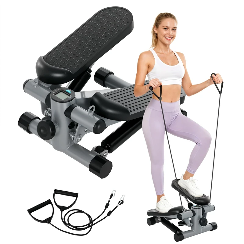 SPORTNOW Mini Stepper, Compact Step Machine Exerciser for Home Workouts, with Resistance Bands, LCD Monitor, Non-Slip Pedals, Grey