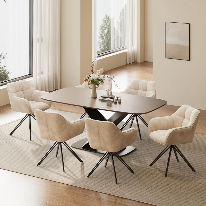 COLAMY Swivel Chairs for Dining Room, Set of 6, Swivel Upholstered Chairs with Armrests and Backrest, Comfortable Kitchen Chairs for Living Room & Dining Area, Beige