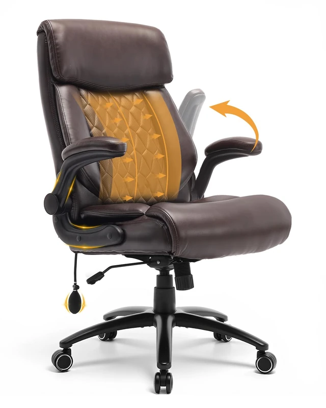 COLAMY Executive PU Leather Office Chair with Adjustable Lumbar Support, Rocking & Recline Function, Plush Headrest and Thick Cushion, Comfortable Ergonomic Chair for Home Office or Workspace,Brown