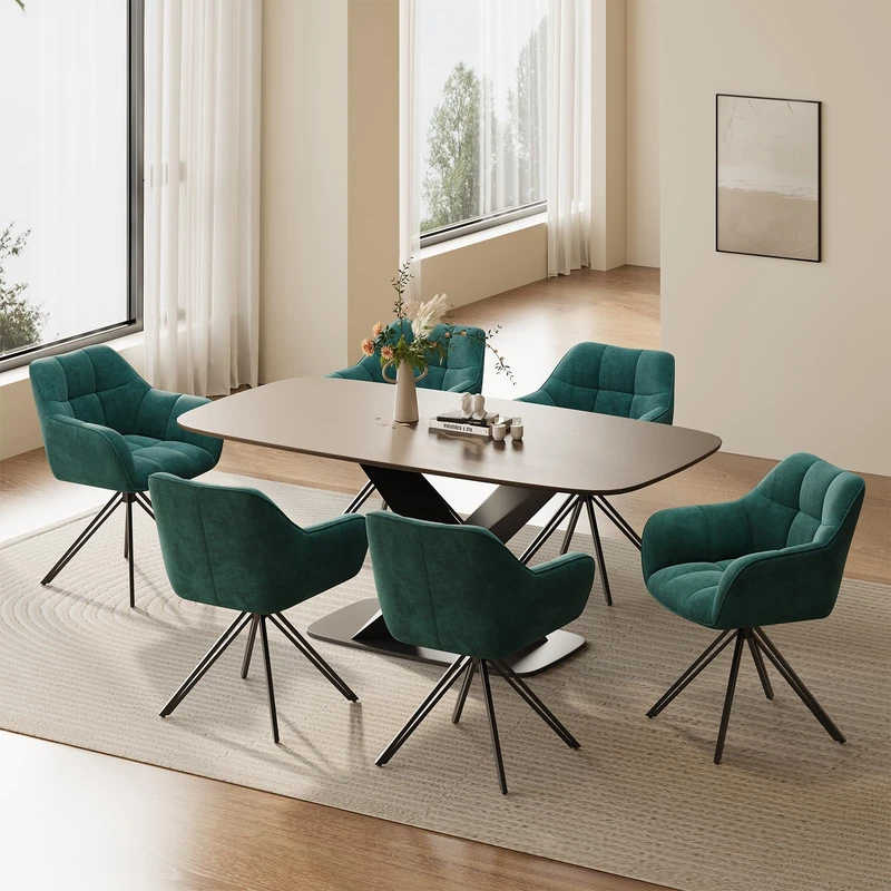 COLAMY Swivel Chairs for Dining Room, Set of 6, Swivel Upholstered Chairs with Armrests and Backrest, Comfortable Kitchen Chairs for Living Room & Dining Area, Green