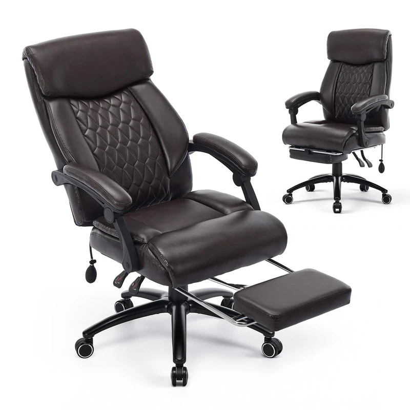 COLAMY Executive PU Leather Office Chair with Inflatable Lumbar Support, 117° Recline & Retractable Footrest, Padded Headrest and Thick Cushion for Home Office or Study,Brown