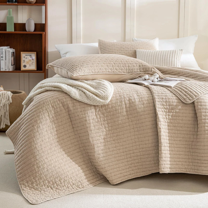 Sanracie 100% Cotton Oversized King Quilt (120"x120"), Warm Taupe Colored Cross Stitch Pattern Quilt Bedding Set 3Pcs Ultra Soft Cozy California King Bed Coverlet Set for All Season