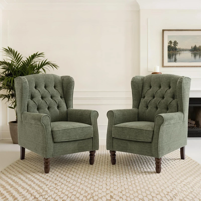 COLAMY Mid-Century Modern Living Room Accent Chair, Button Tufted Wingback with Thick Padded Seat, Upholstered Armchair, Fabric Sofa Arm Chair with Solid Wood Legs for Bedroom/Office/Café,Green