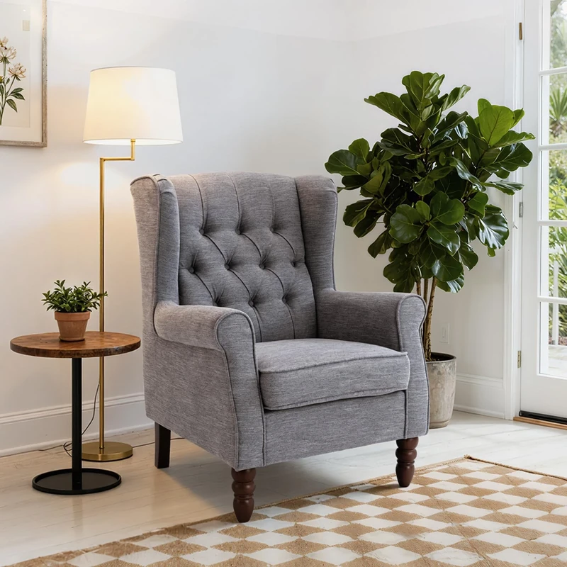 COLAMY Mid-Century Modern Living Room Accent Chair, Button Tufted Wingback with Thick Padded Seat, Upholstered Armchair, Fabric Sofa Arm Chair with Solid Wood Legs for Bedroom/Office/Café,Grey