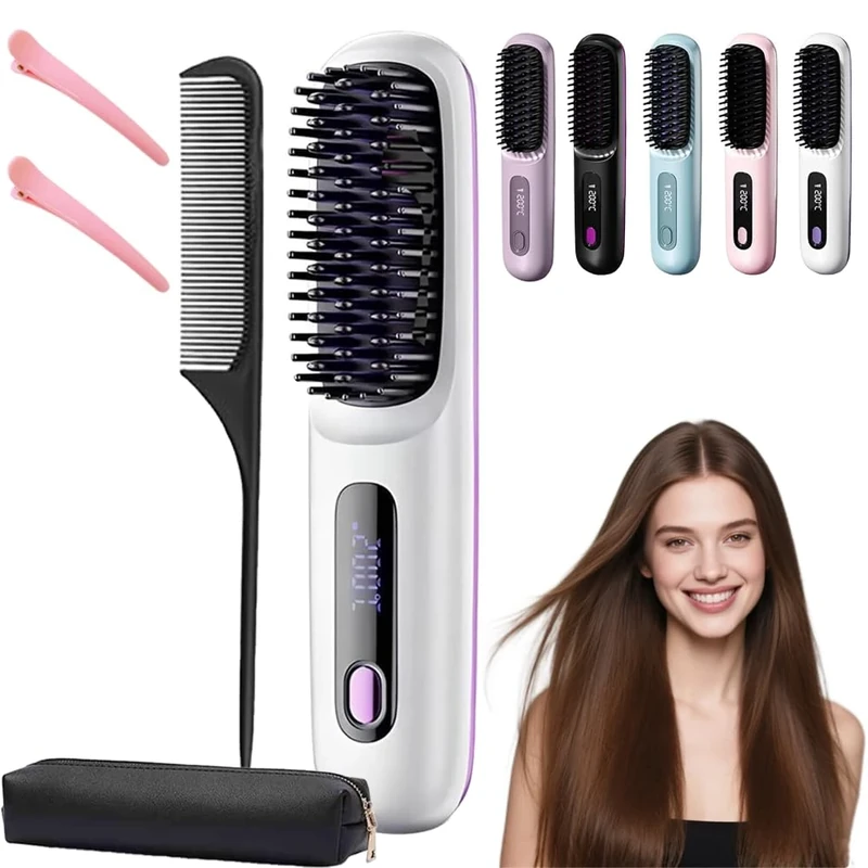 Heated Brush Pro UK with Case,Go Brush Pro-Cordless Hair Straightener Brush,Portable Rechargeable Heated Styling Brushes for Travel &Daily,Hair-Friendly Design for Hairs Styling (White)