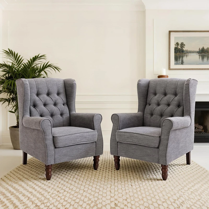 COLAMY Mid-Century Modern Living Room Accent Chair, Button Tufted Wingback with Thick Padded Seat, Upholstered Armchair, Fabric Sofa Arm Chair with Solid Wood Legs for Bedroom/Office/Café,Grey