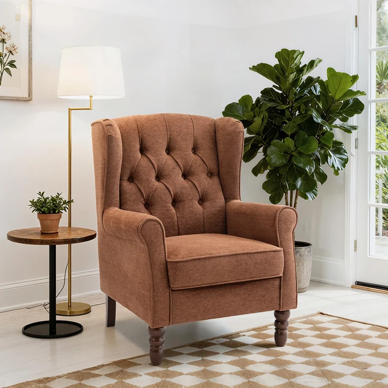 COLAMY Mid-Century Modern Living Room Accent Chair, Button Tufted Wingback with Thick Padded Seat, Upholstered Armchair, Fabric Sofa Arm Chair with Solid Wood Legs for Bedroom/Office/Café,Coral