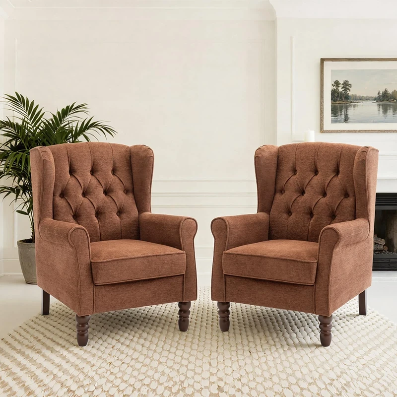 COLAMY Mid-Century Modern Living Room Accent Chair, Button Tufted Wingback with Thick Padded Seat, Upholstered Armchair, Fabric Sofa Arm Chair with Solid Wood Legs for Bedroom/Office/Café,Coral