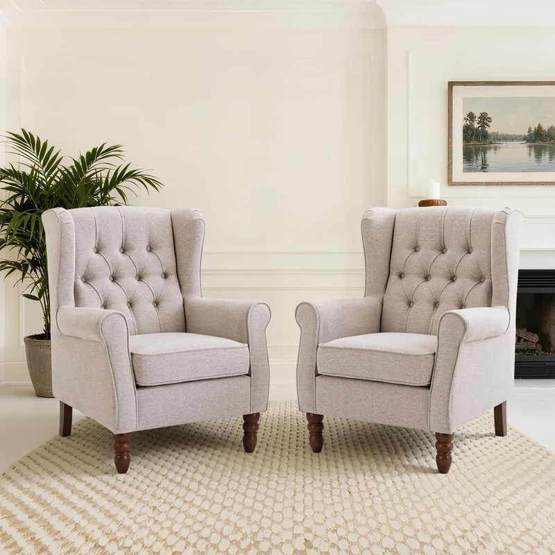 COLAMY Mid-Century Modern Living Room Accent Chair, Button Tufted Wingback with Thick Padded Seat, Upholstered Armchair, Fabric Sofa Arm Chair with Solid Wood Legs for Bedroom/Office/Café,Beige