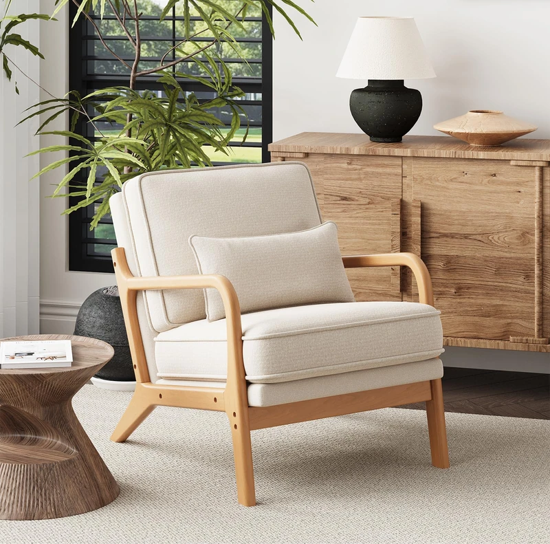 COLAMY Mid Century Modern Accent Chair with Lumbar Pillow, Relaxing Armchair with Solid Wood Frame & Soft Cushion, Reading Leisure Chair for Living Room,Bedroom,Waiting Room, Beige