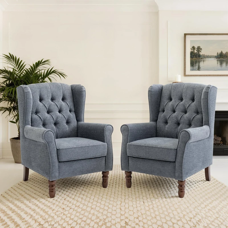 COLAMY Mid-Century Modern Living Room Accent Chair, Button Tufted Wingback with Thick Padded Seat, Upholstered Armchair, Fabric Sofa Arm Chair with Solid Wood Legs for Bedroom/Office/Café,Dark Blue