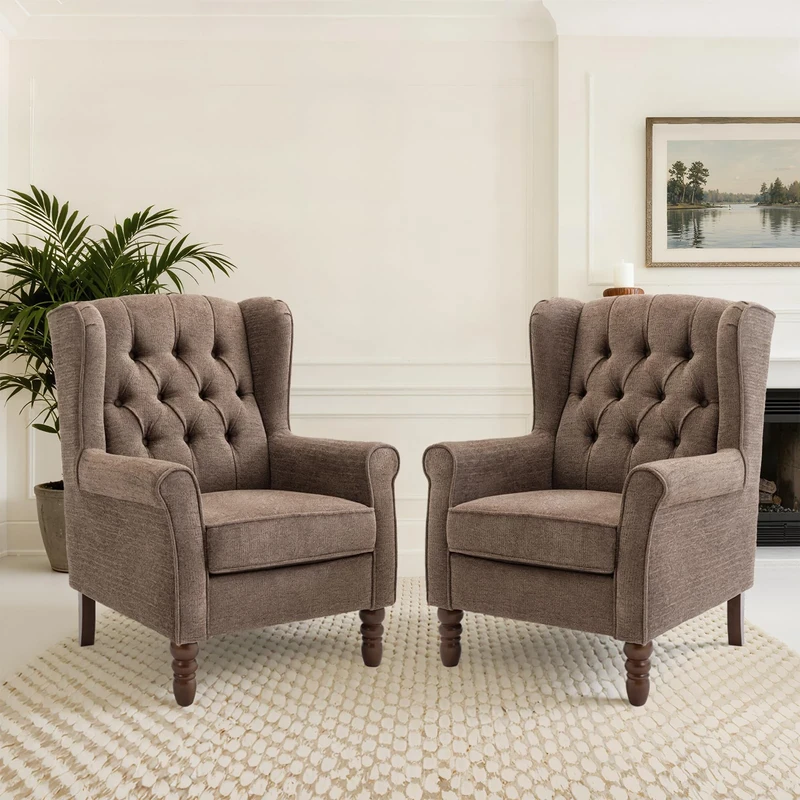 COLAMY Mid-Century Modern Living Room Accent Chair, Button Tufted Wingback with Thick Padded Seat, Upholstered Armchair, Fabric Sofa Arm Chair with Solid Wood Legs for Bedroom/Office/Café,Brown
