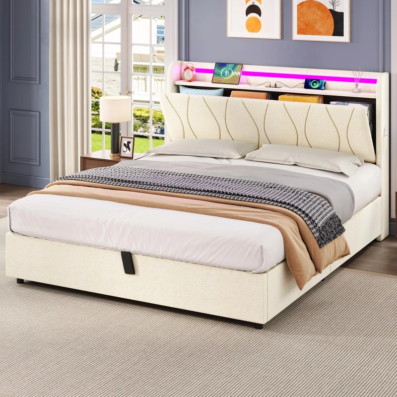 Ball & Cast Double Bed Frame with Upholstered Storage Headboard, Under Bed Storage，Charging Station & LED Lights, 135x190 cm Platform Bed Frame NUnder Bed, Noise Free,Beige