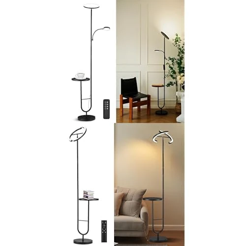 LuminexDesigns Living Room & Bedroom Floor Lamp with Shelf, 36W/42W LED Dimmable Standing Corner Lamps with Remote, Super Bright Uplighter Reading Lamps, Modern Black