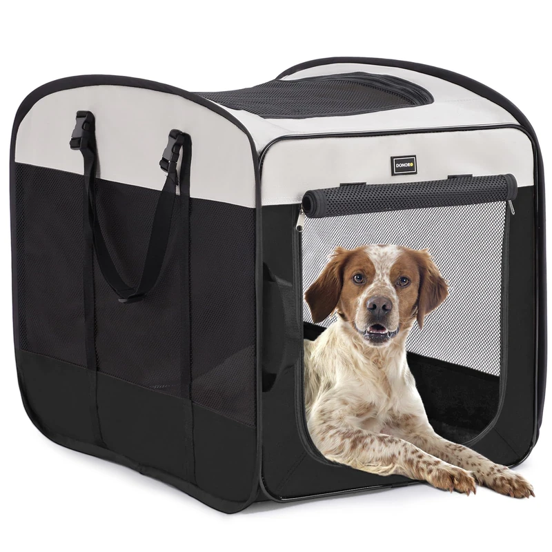 DONORO Dog Kennels and Crates for Medium Dogs, Portable Pop Up Indoor Pet Cage with Sturdy Wire Frame, Collapsible Travel Crate Soft Sided Cat Bag Escape Proof (Black, 32.0" L x 21.0" W x 26.0" H)
