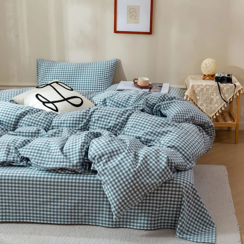 EAVD Blue Gingham Comforter Set King Soft Fluffy White and Blue Plaid Bedding Set with 2 Pillowcases Modern Grid Plaid Comforter Set Reversible Farmhouse Gingham Bedding Set for All-Season