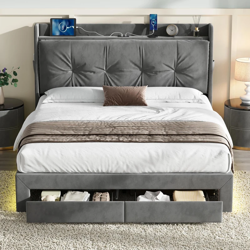 Ball & Cast Double Bed Frame with Upholstered Storage Headboard, Under Bed Storage，Charging Station & LED Lights, 135x190 cm Platform Bed Frame NUnder Bed, Noise Free,Grey