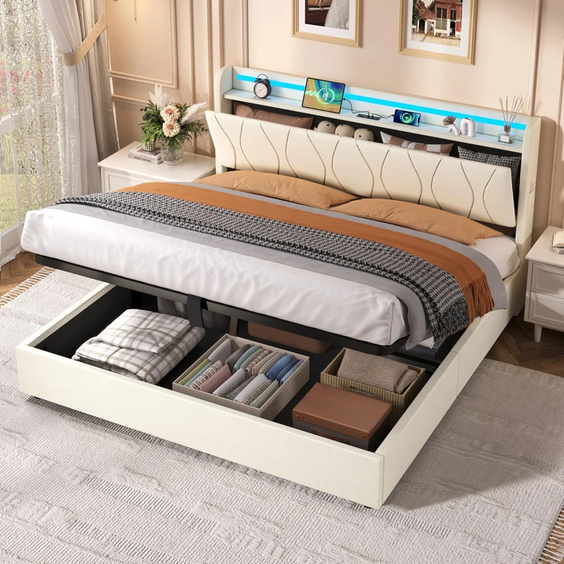 Ball & Cast King Size Bed Frame with Upholstered Storage Headboard, Under Bed Storage，Charging Station & LED Lights, 150x200 cm Platform Bed Frame NUnder Bed, Noise Free,Beige