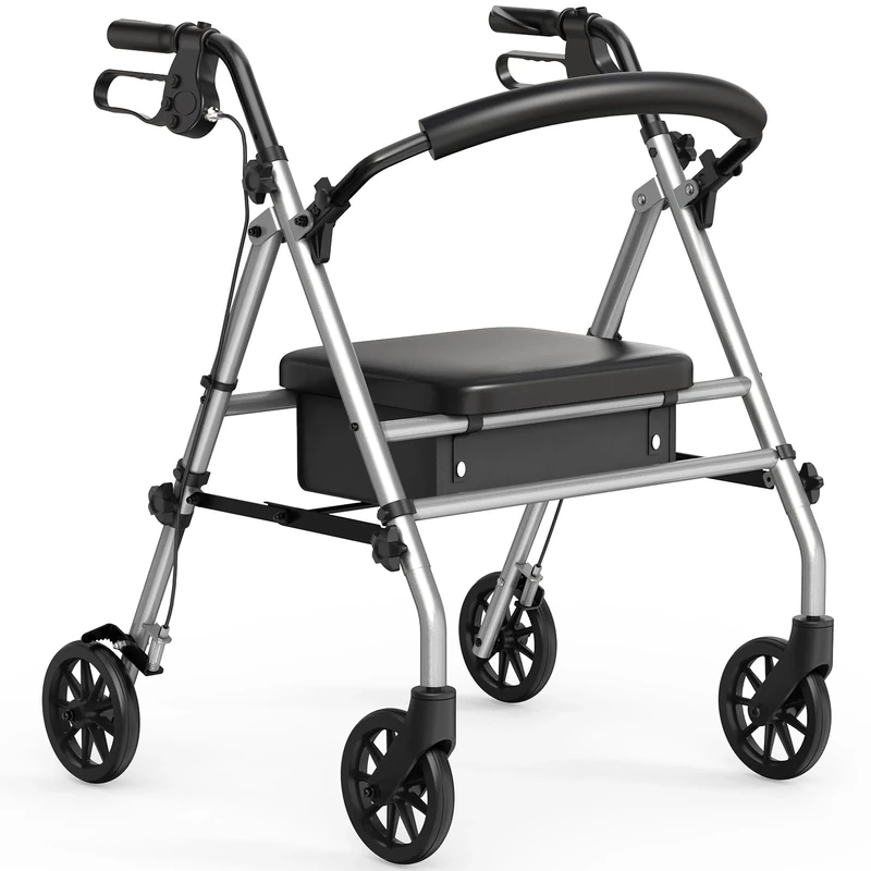 Luckfaith LR01 Folding Rollator Walker with Seat – Lightweight 4-Wheel Zimmer Frame with Storage Bag, Mobility Aid for Elderly & Disabled, Indoor & Outdoor Use, Grey