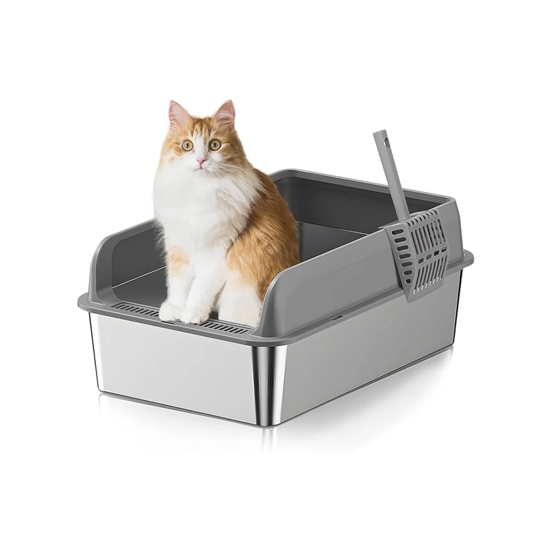 Wintem - Stainless Steel Cat Toilet with Anti-Splash Lid and Scoop Included, Hygienic Design Litter Tray Easy to Clean and Anti-Odor for Daily Use