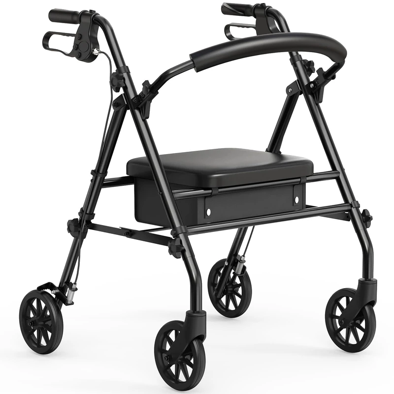 Luckfaith LR01 Folding Rollator Walker with Seat – Lightweight 4-Wheel Zimmer Frame with Storage Bag, Mobility Aid for Elderly & Disabled, Indoor & Outdoor Use, Black