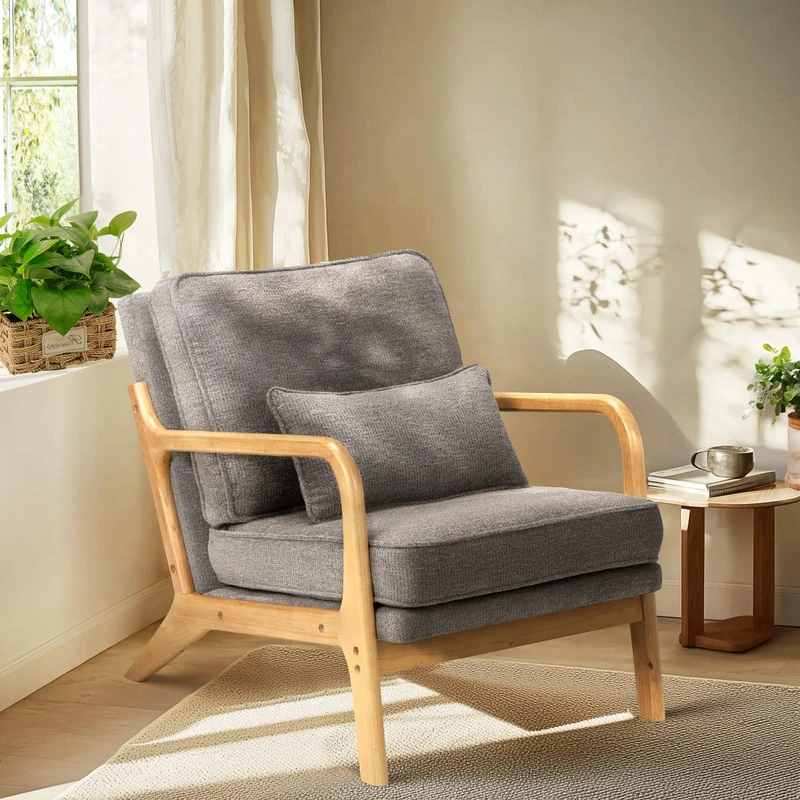 COLAMY Mid Century Modern Accent Chair with Lumbar Pillow, Relaxing Armchair with Solid Wood Frame & Soft Cushion, Reading Leisure Chair for Living Room,Bedroom,Waiting Room, Grey