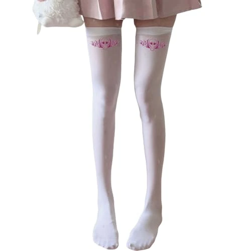 ZEPFJHE Skull Print Silk Thigh High Stockings Hosiery For Womens Halloween Over Knee Long Socks For Cosplay Costume Accessories Halloween Skull Thigh High Socks