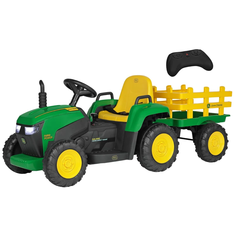 Peg Perego John Deere Farm Power Electric Ride On Tractor for Toddlers, 12V Battery Powered Tractor with Remote Control & Manual Mode, with Trailer, Lights & Sounds, Ages 18+ Months