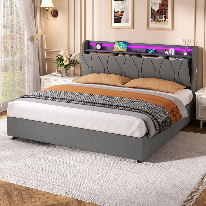 Ball & Cast Bed with Storage, 5ft Ottoman Bed Frame with Headboard & Hydraulic, Upholstered Bed with LED-Lighting & Charging-Station, Linen, 150x200 cm, Grey, No Mattress