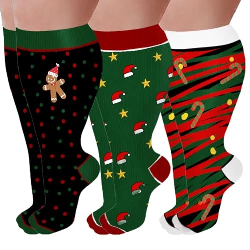 ZEPFJHE Athletic Wide Calf Compression Socks For Nursing And Travel Christmas Tree Elk Pattern Knee Length Stockings 3 Pairs Set Graduated Compression Stockings